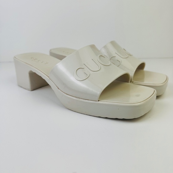 Gucci Double GG Logo Rubber Platform Block Heel Sandals Ivory Size EU 39 US 9 - Picture 1 of 14